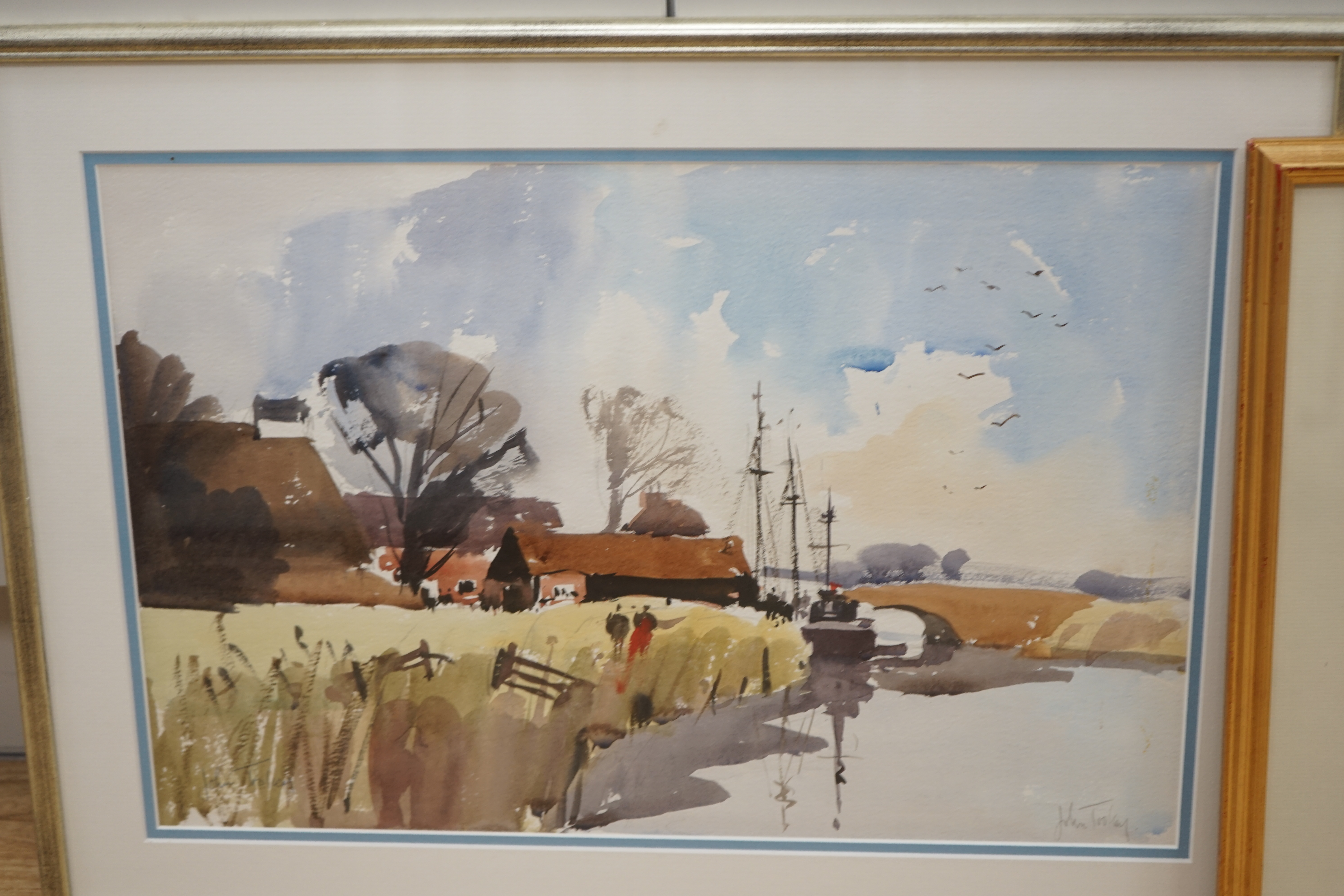 John Tookey (b.1947), three watercolours, including 'The Thames, Chelsea', two signed, largest 32 x 49cm. Condition - fair to good, some light discolouration and fading